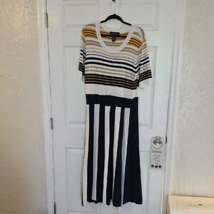 Ashley Stewart Striped Midi Dress in Black, White, and Gold